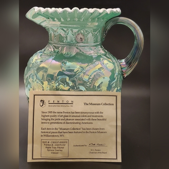 Fenton 95th Museum Collection Irredescent Apple Tree Green Overlay Pitcher - Picture 4 of 16